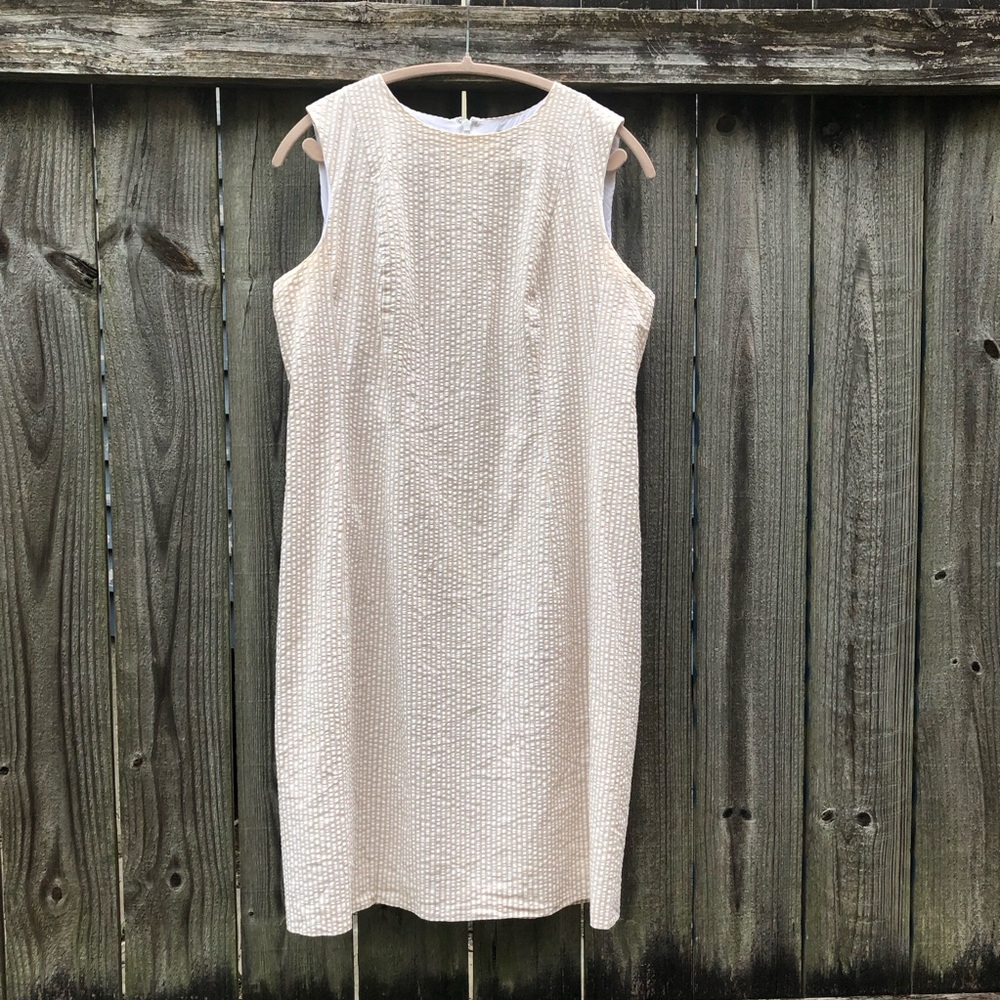 Brooks Brothers 100% Cotton Seersucker Sheath Dress Striped Tan White